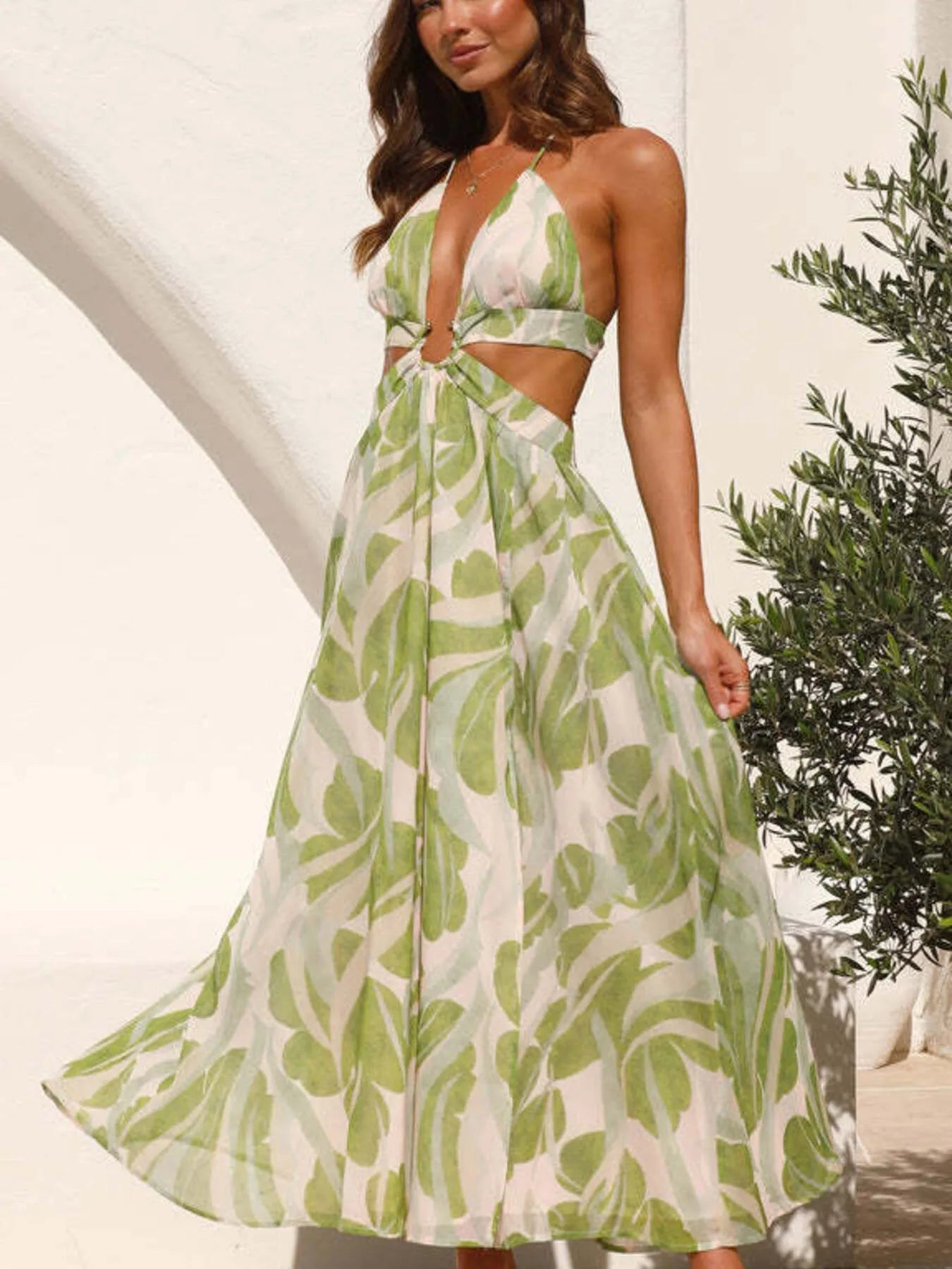 Tropical Print Backless Maxi Sleeveless Dress - StyleLure