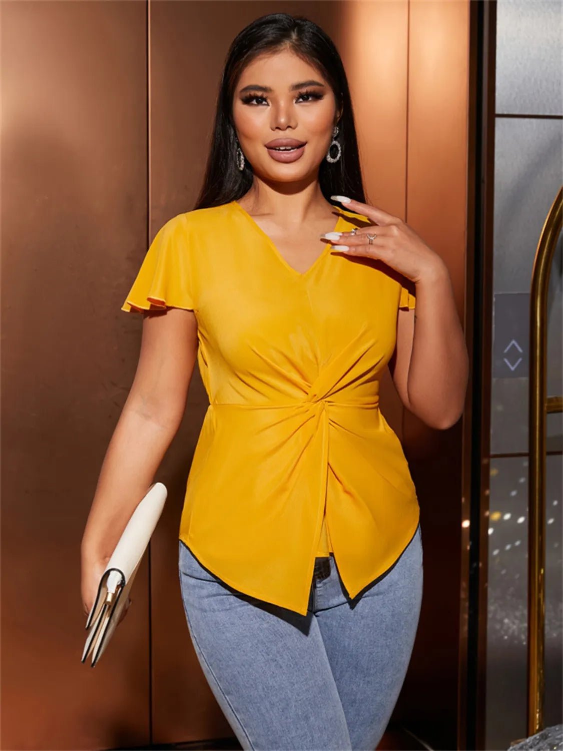 Twisted Solid V - Neck Cap Sleeve Blouse - StyleLure