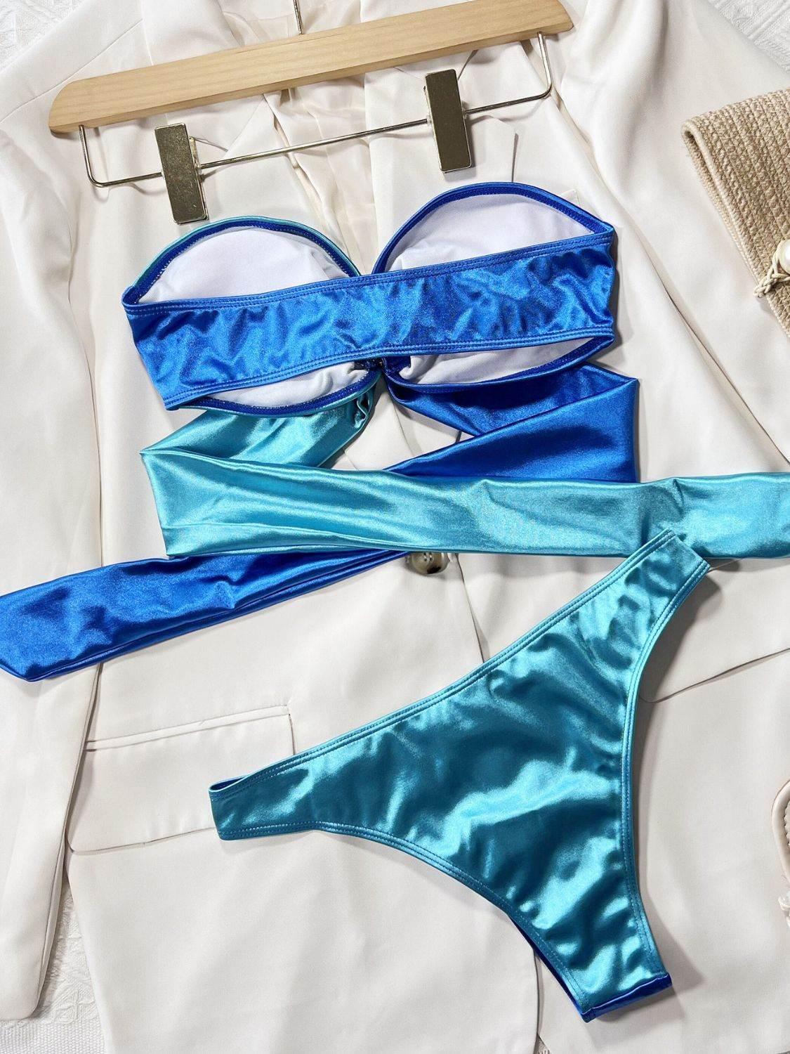 Two - Tone Ring Detail Tied Bikini Set - StyleLure
