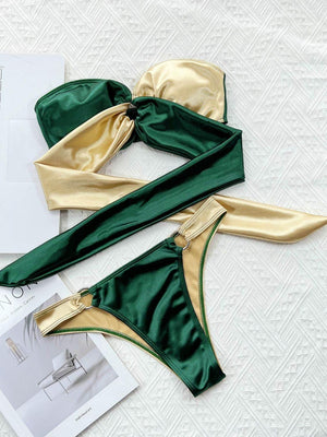 Two - Tone Ring Detail Tied Bikini Set - StyleLure