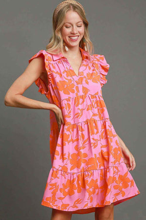 Umgee Full Size Floral Print Ruffle Cap Sleeve Tiered Dress Plus Size - StyleLure