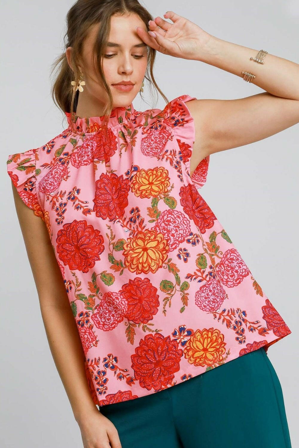Umgee Full Size Floral Print Ruffled Cap Sleeve Blouse Plus Size - StyleLure