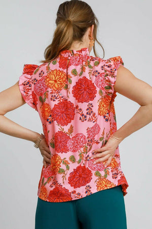Umgee Full Size Floral Print Ruffled Cap Sleeve Blouse Plus Size - StyleLure