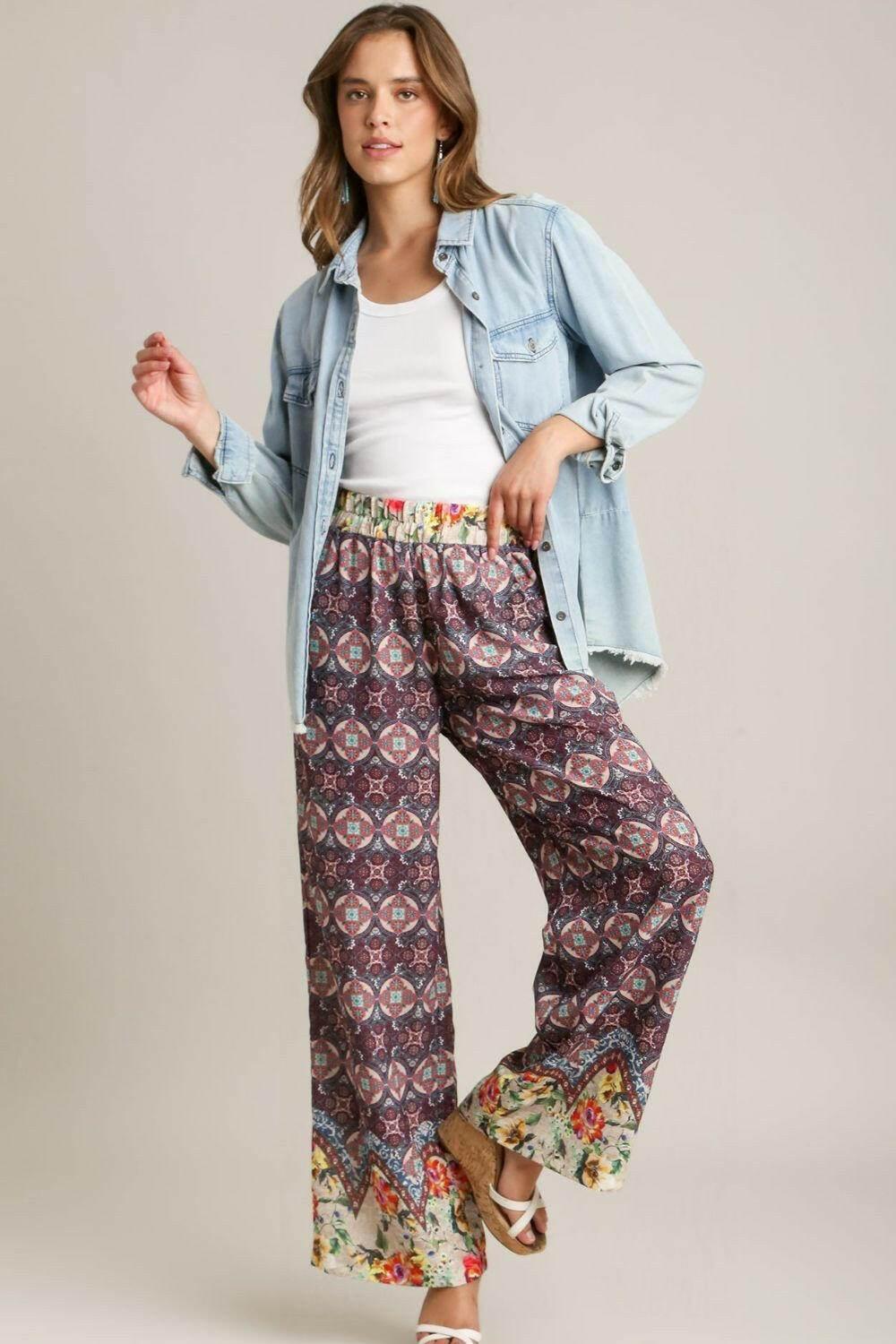 Umgee Full Size Mixed Print Elastic Waistband Pants Plus Size - StyleLure