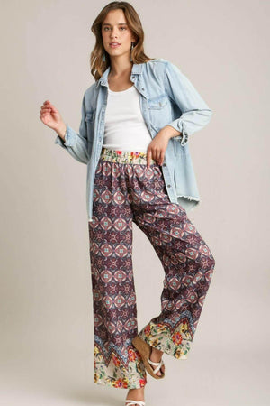 Umgee Full Size Mixed Print Elastic Waistband Pants Plus Size - StyleLure