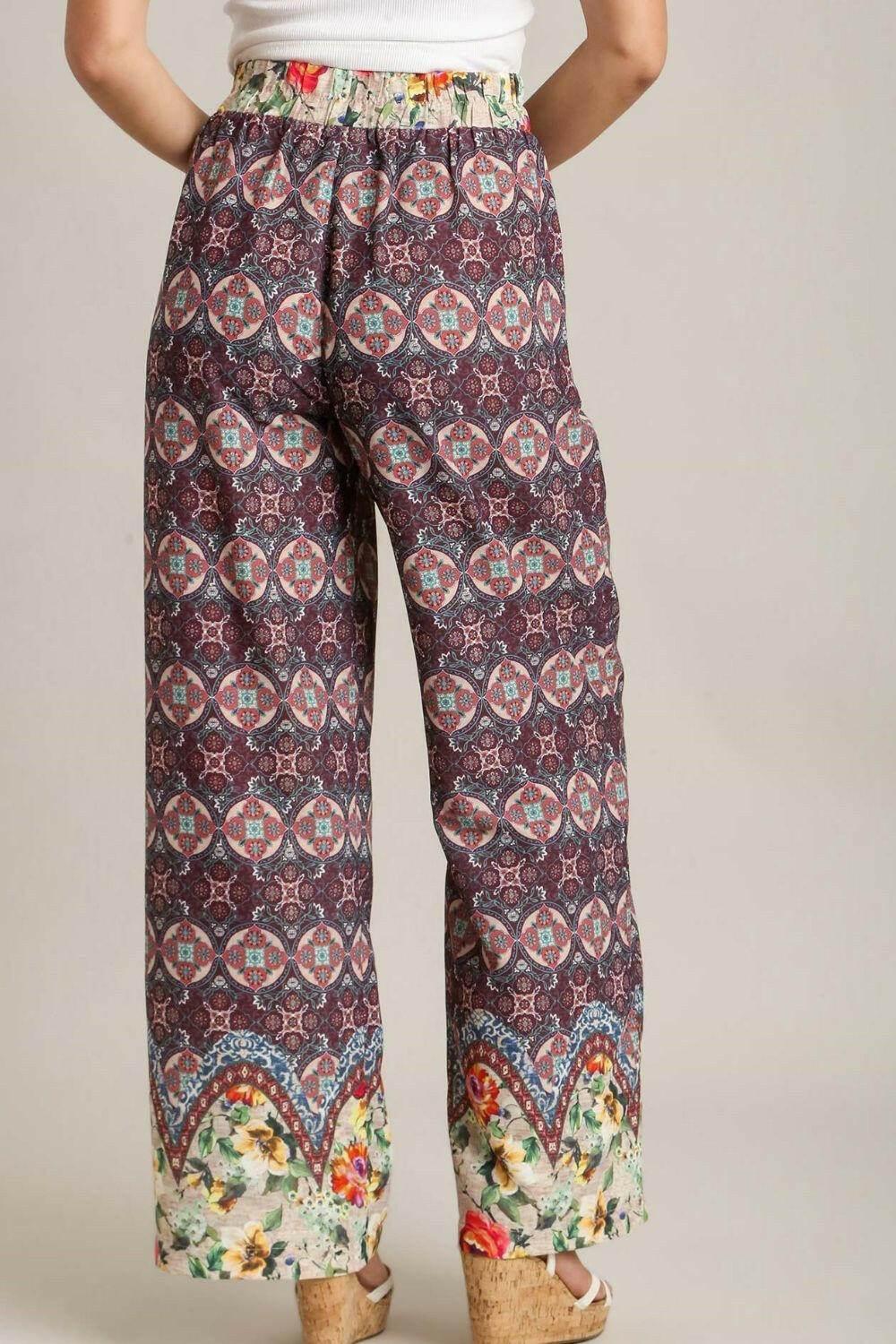 Umgee Full Size Mixed Print Elastic Waistband Pants Plus Size - StyleLure