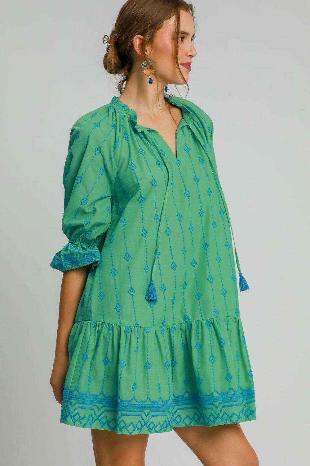 Umgee Full Size Tassel Embroidered Flounce Sleeve Mini Dress Plus Size - StyleLure