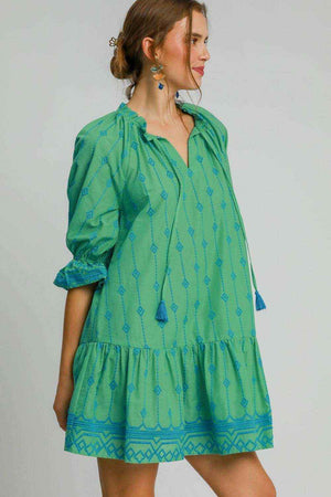 Umgee Full Size Tassel Embroidered Flounce Sleeve Mini Dress Plus Size - StyleLure