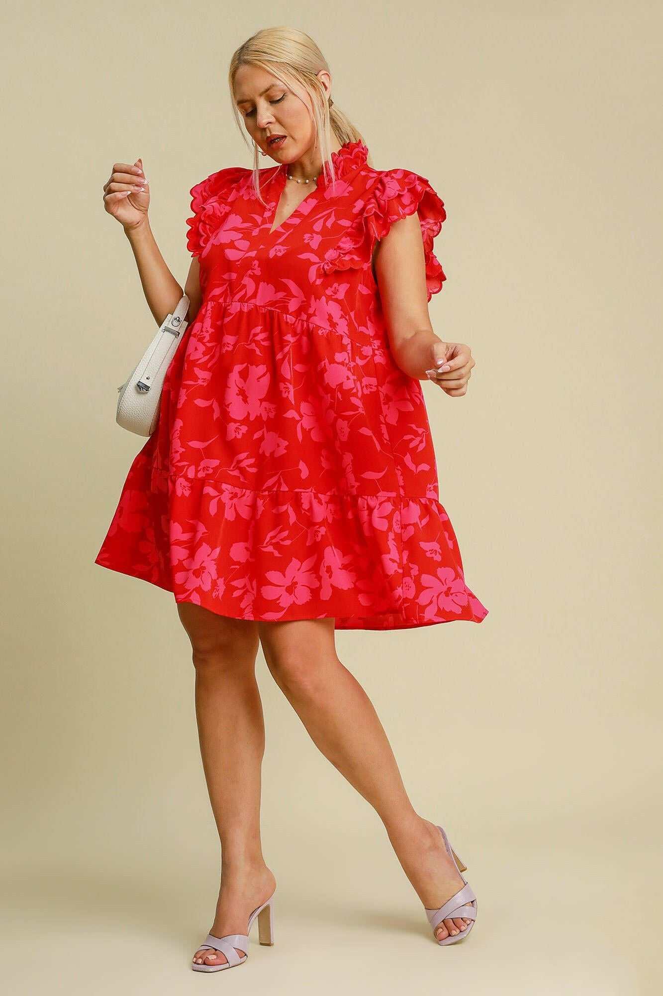 Umgee Full Size Two Tone Floral Print Ruffle Cap Sleeve Mini Dress Plus Size - StyleLure