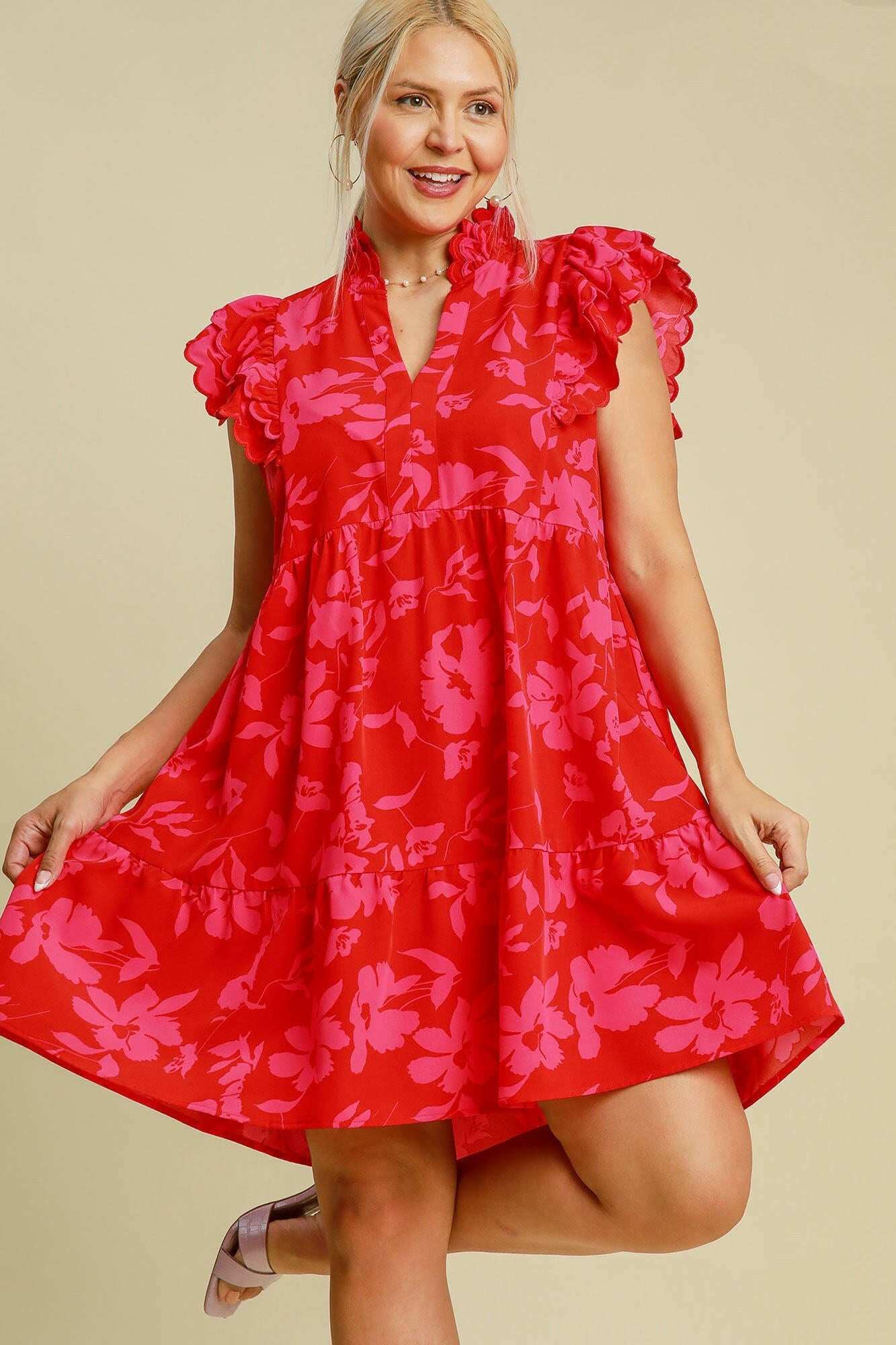Umgee Full Size Two Tone Floral Print Ruffle Cap Sleeve Mini Dress Plus Size - StyleLure