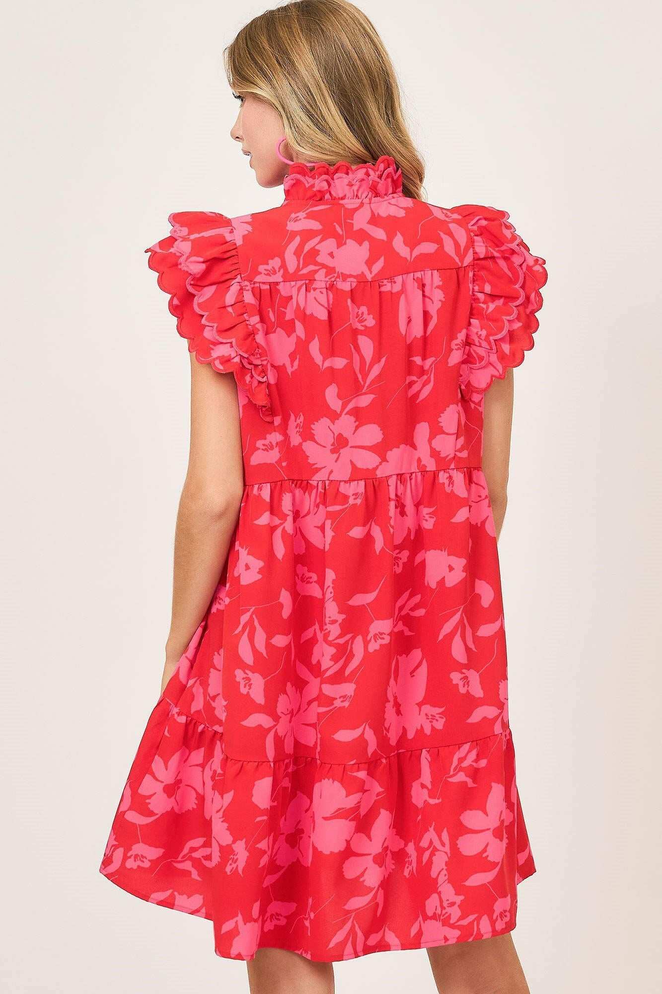 Umgee Full Size Two Tone Floral Print Ruffle Cap Sleeve Mini Dress Plus Size - StyleLure