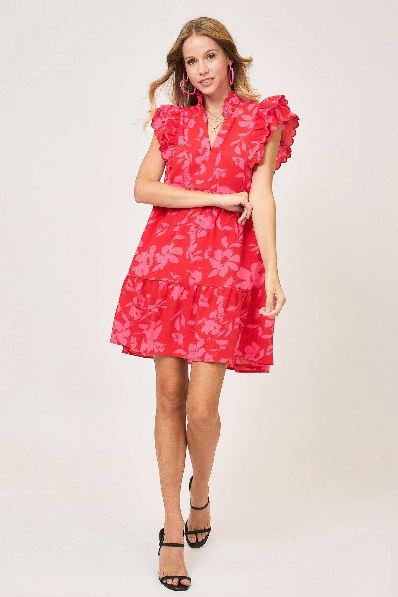 Umgee Full Size Two Tone Floral Print Ruffle Cap Sleeve Mini Dress Plus Size - StyleLure