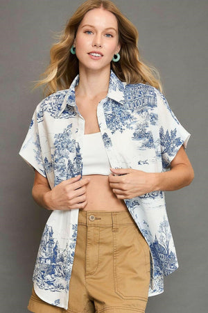 Umgee Full Size Two Tone Print Button Up Short Sleeve Shirt Plus Size - StyleLure