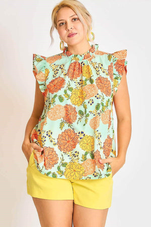 Umgee Plus Size Floral Print Ruffled Cap Sleeve Blouse - StyleLure