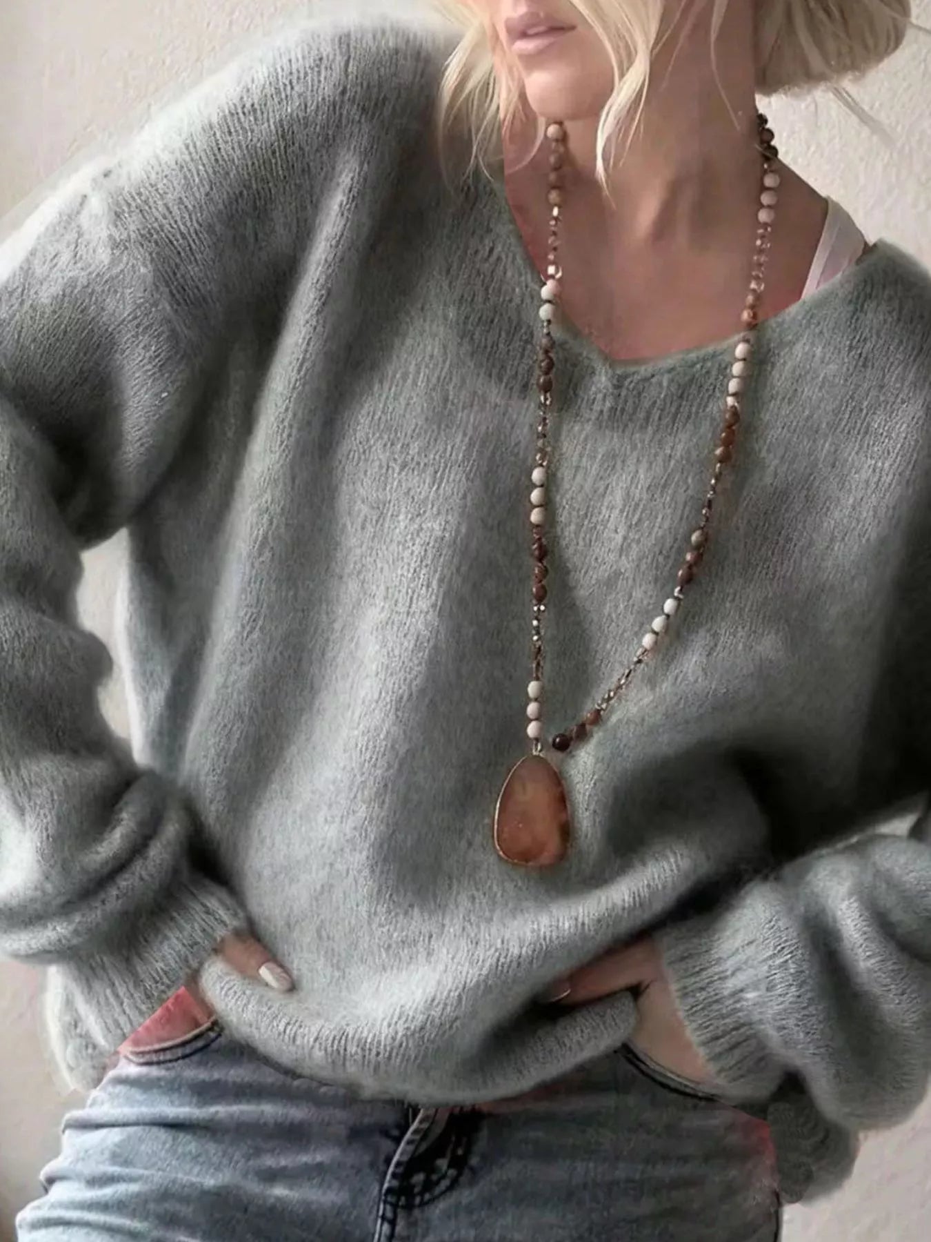 V - Neck Dropped Shoulder Sweater - StyleLure