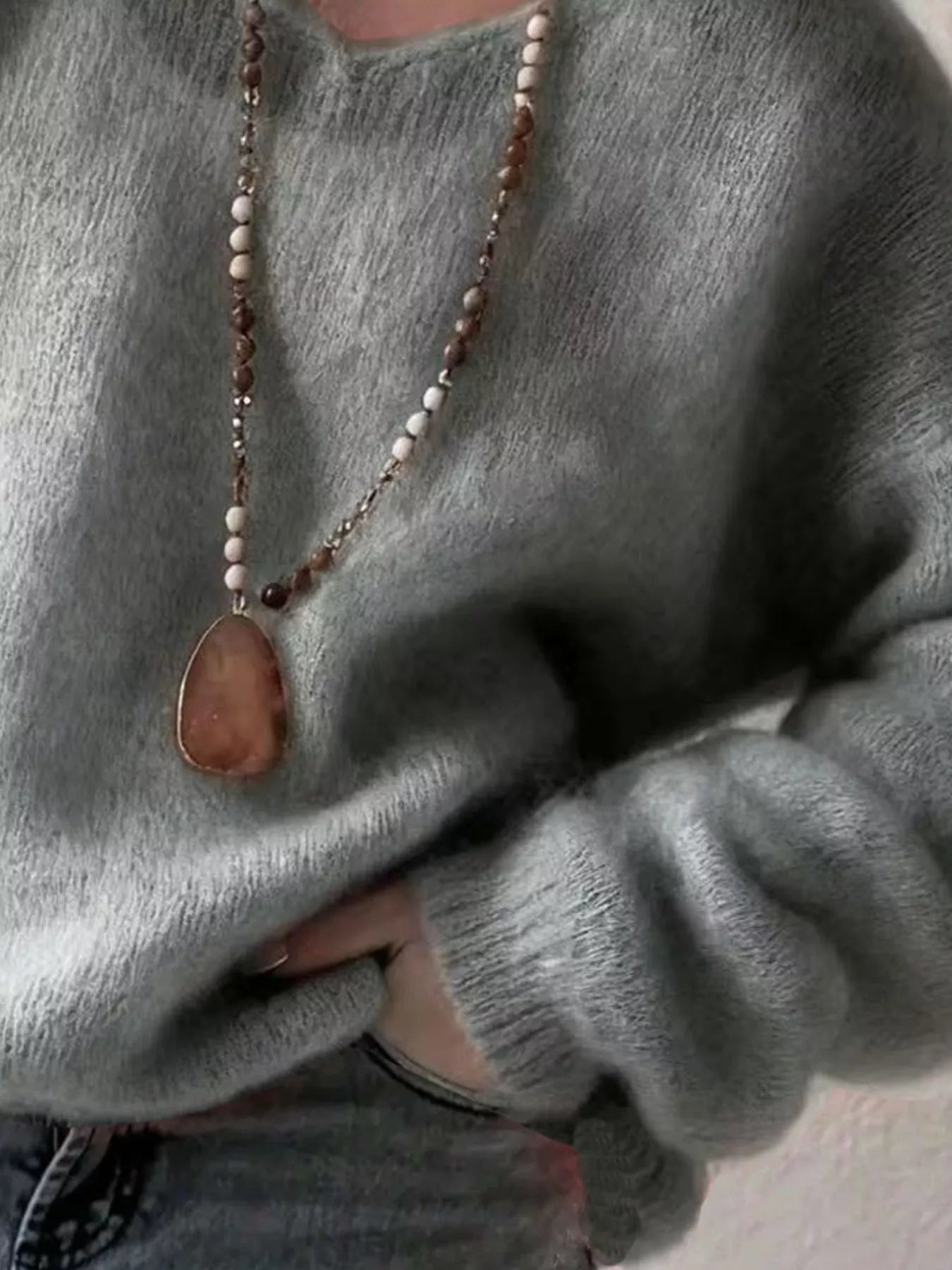 V - Neck Dropped Shoulder Sweater - StyleLure