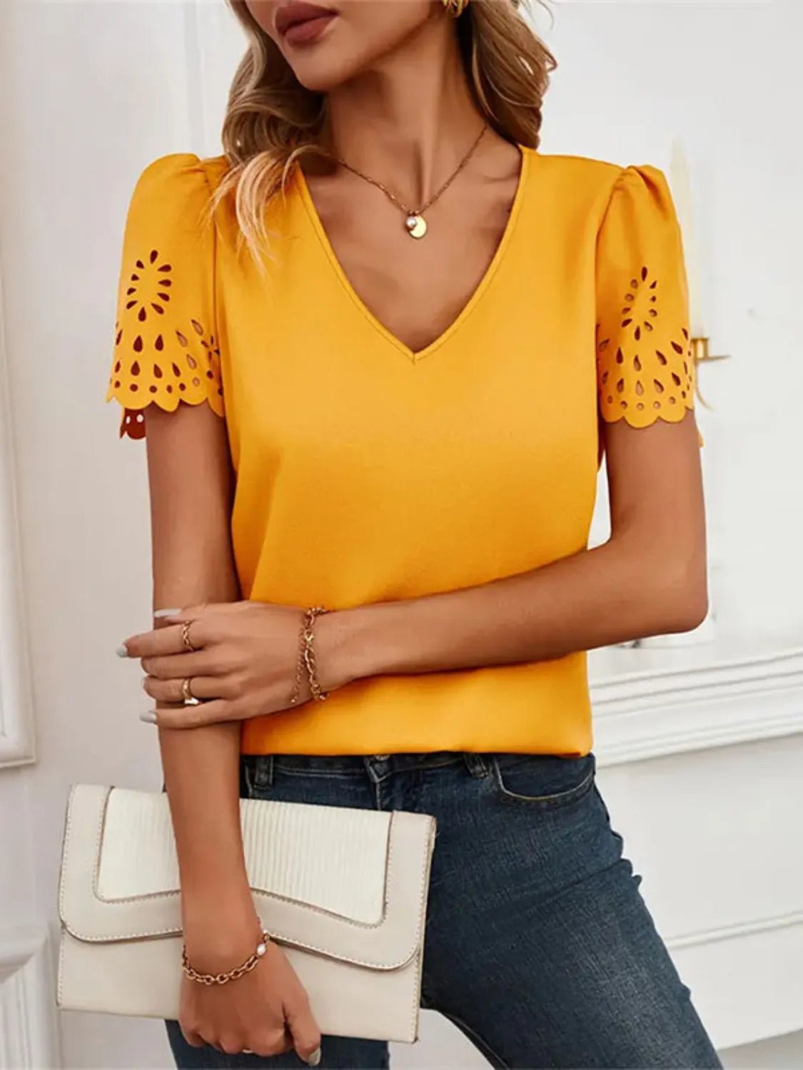 V - Neck Laser Cut Sleeve Blouse - StyleLure