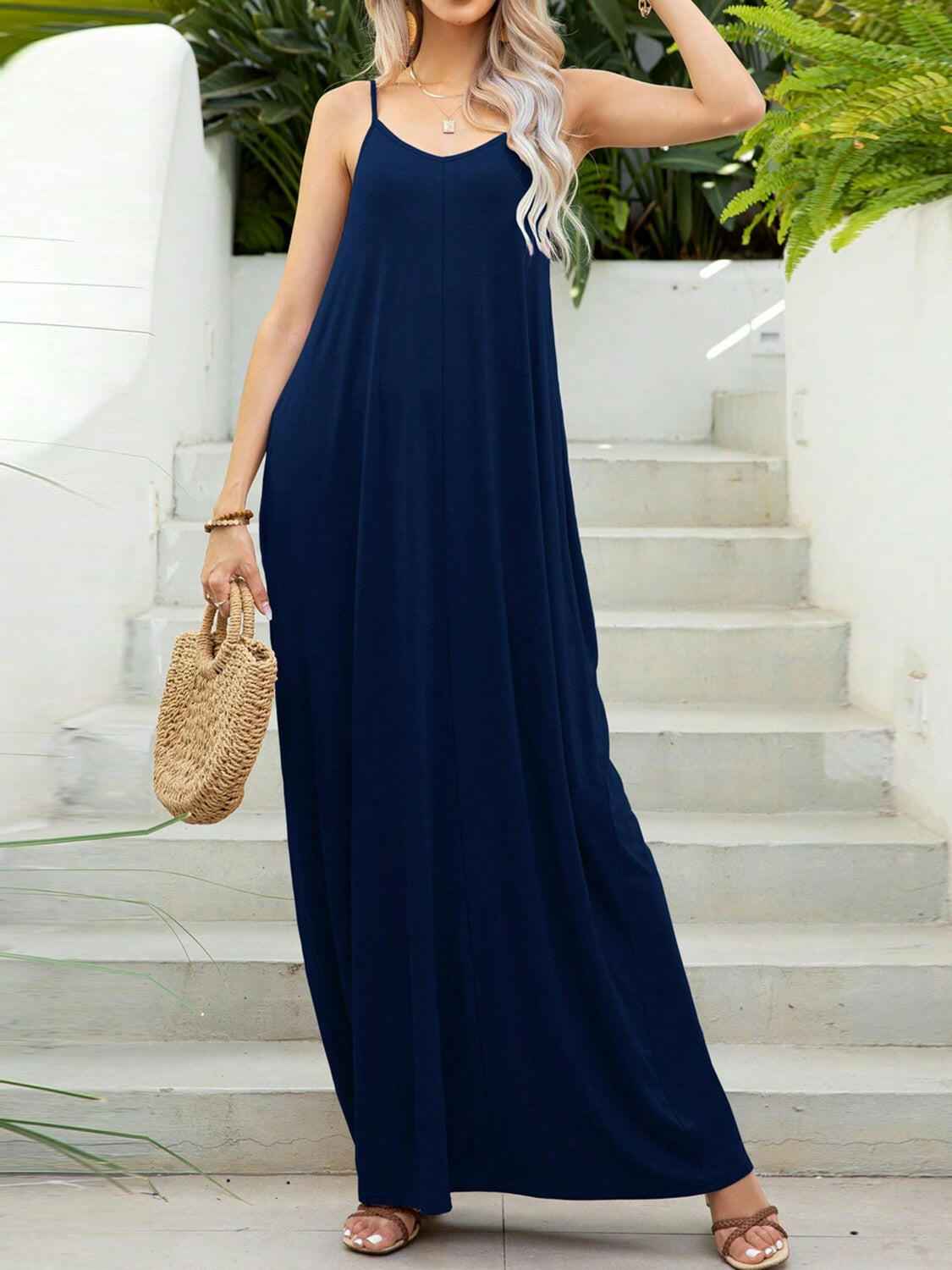V - Neck Maxi Cami Dress with Pockets - StyleLure