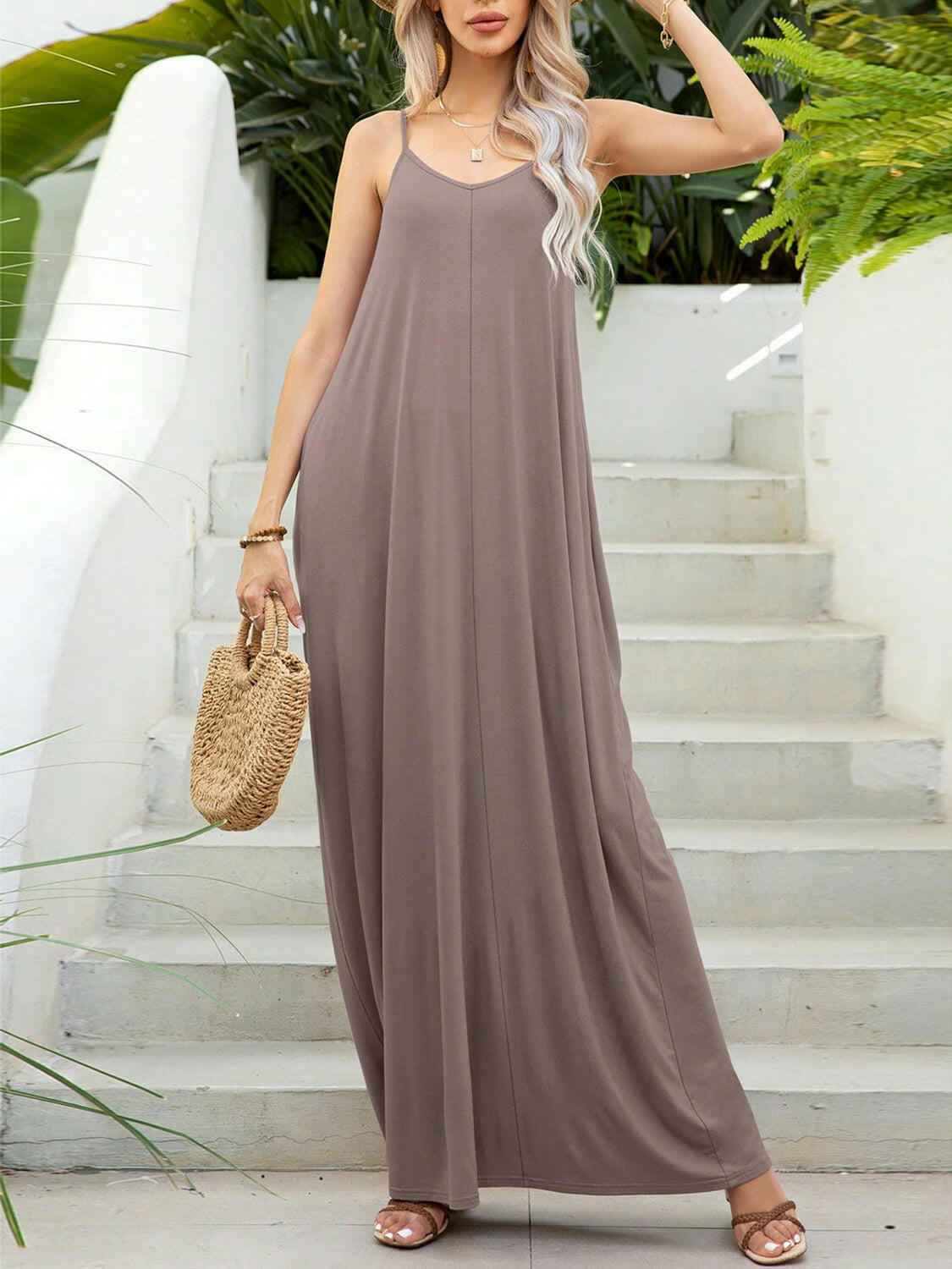 V - Neck Maxi Cami Dress with Pockets - StyleLure