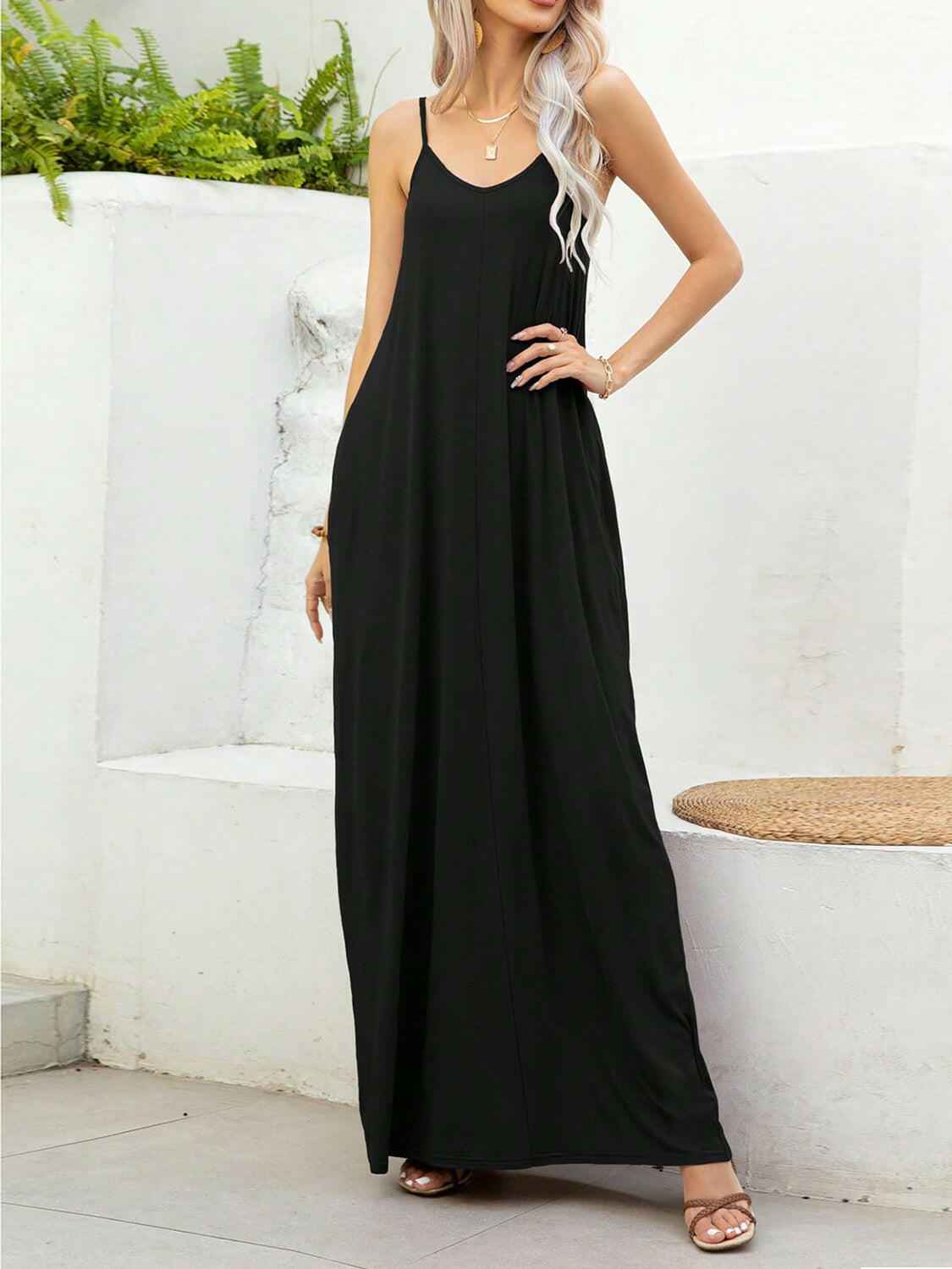V - Neck Maxi Cami Dress with Pockets - StyleLure