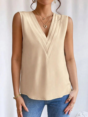 V - Neck Pleated Sleeveless Cami Tank Top - StyleLure