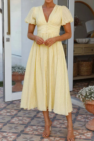 V - Neck Puff Short Sleeve Midi Dress - StyleLure