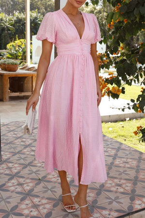 V - Neck Puff Short Sleeve Midi Dress - StyleLure