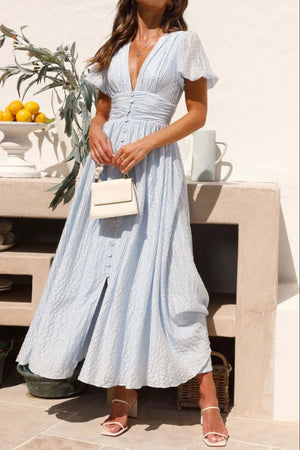 V - Neck Puff Short Sleeve Midi Dress - StyleLure