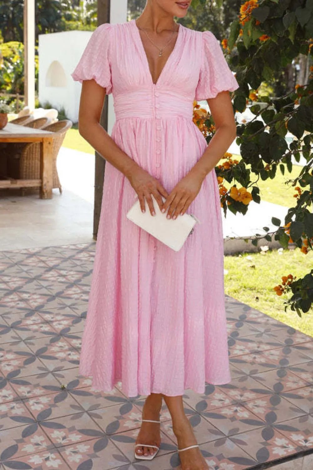 V - Neck Puff Short Sleeve Midi Dress - StyleLure