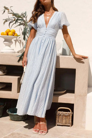 V - Neck Puff Short Sleeve Midi Dress - StyleLure