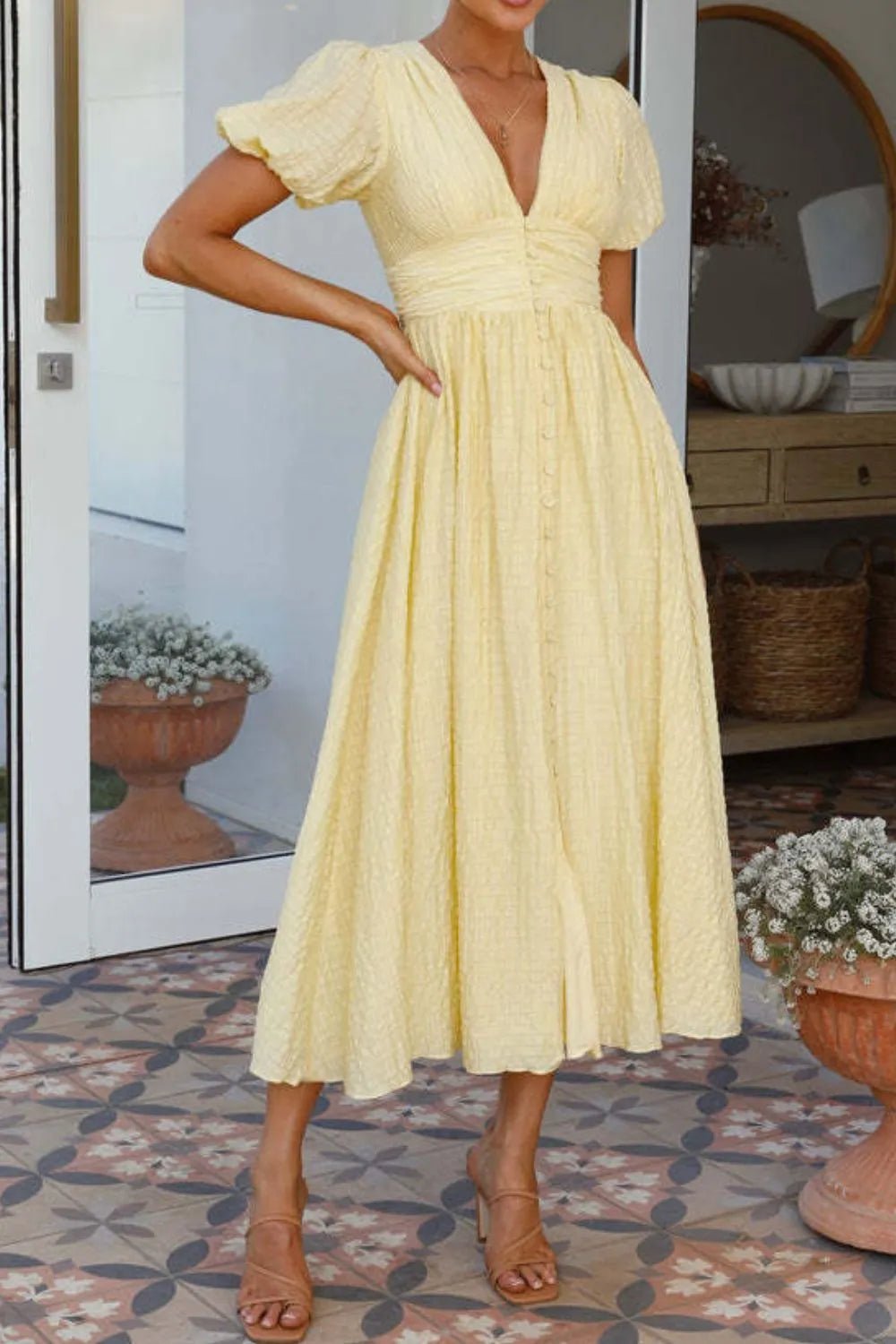 V - Neck Puff Short Sleeve Midi Dress - StyleLure