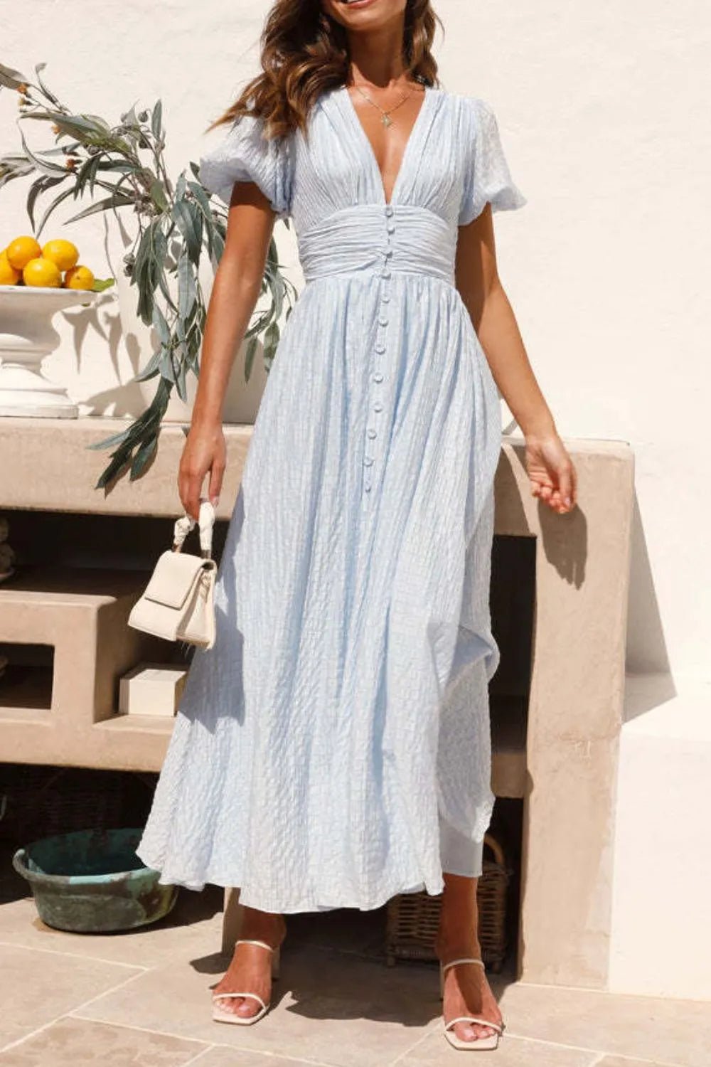 V - Neck Puff Short Sleeve Midi Dress - StyleLure