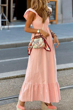 V Neck Ruffled Cap Sleeve Smocked Maxi Dress - StyleLure