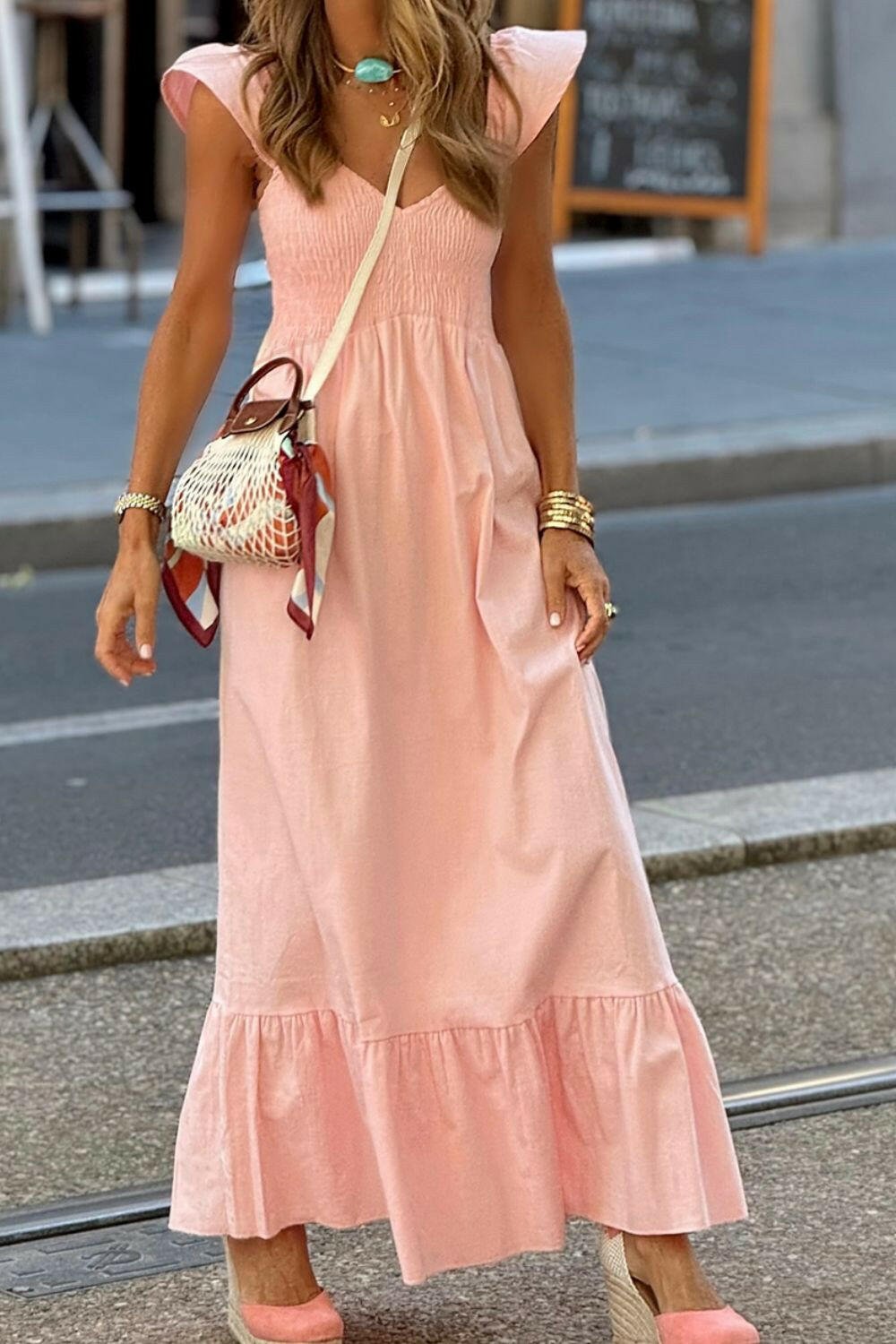 V Neck Ruffled Cap Sleeve Smocked Maxi Dress - StyleLure