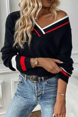 V - Neck Striped Trim Sweater - StyleLure
