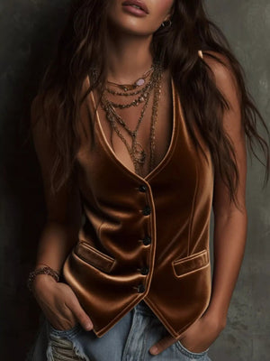 Velvet Button - Down Vest Coat - StyleLure
