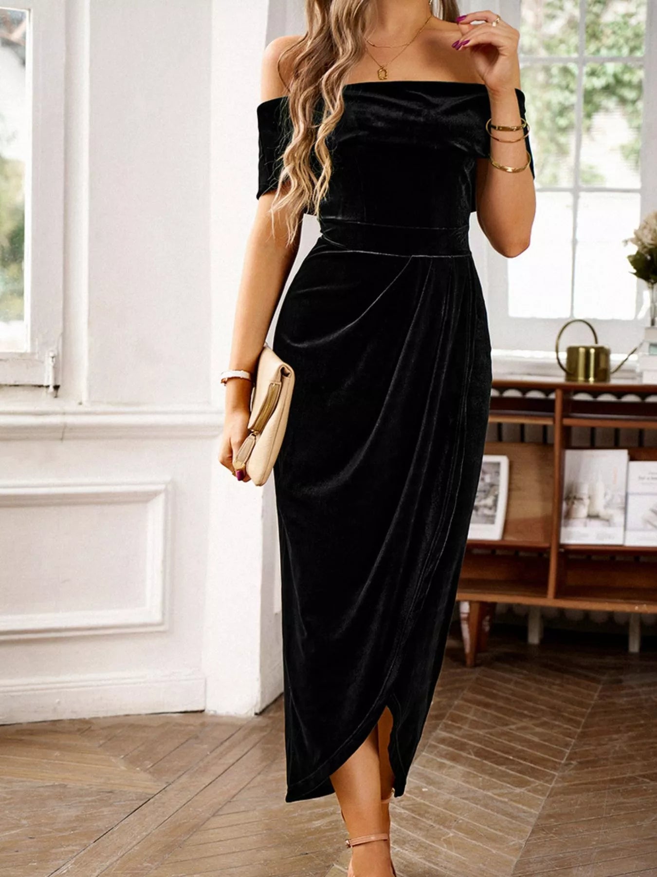 Velvet Off - Shoulder Ruched Midi Dress - StyleLure