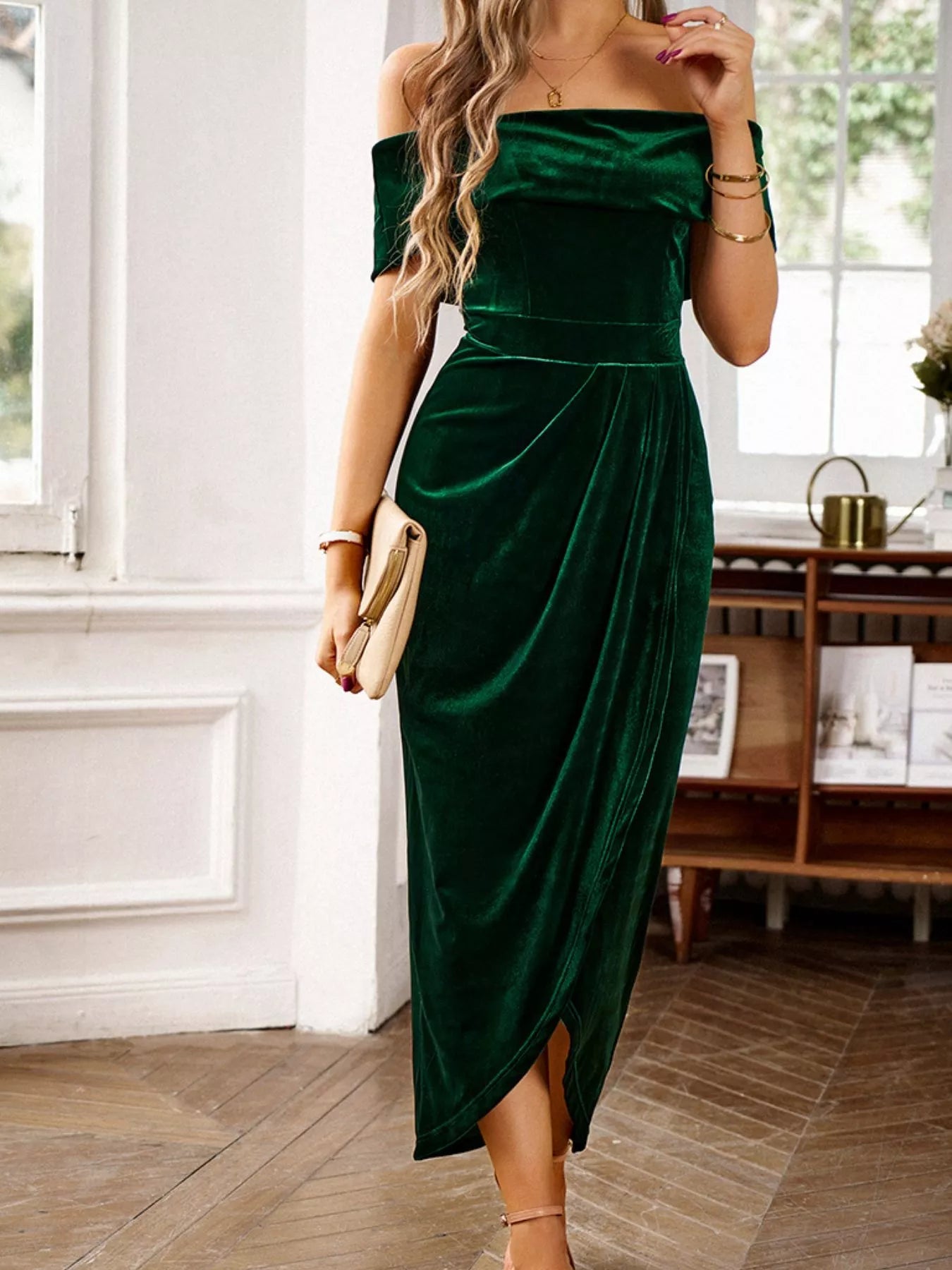 Velvet Off - Shoulder Ruched Midi Dress - StyleLure