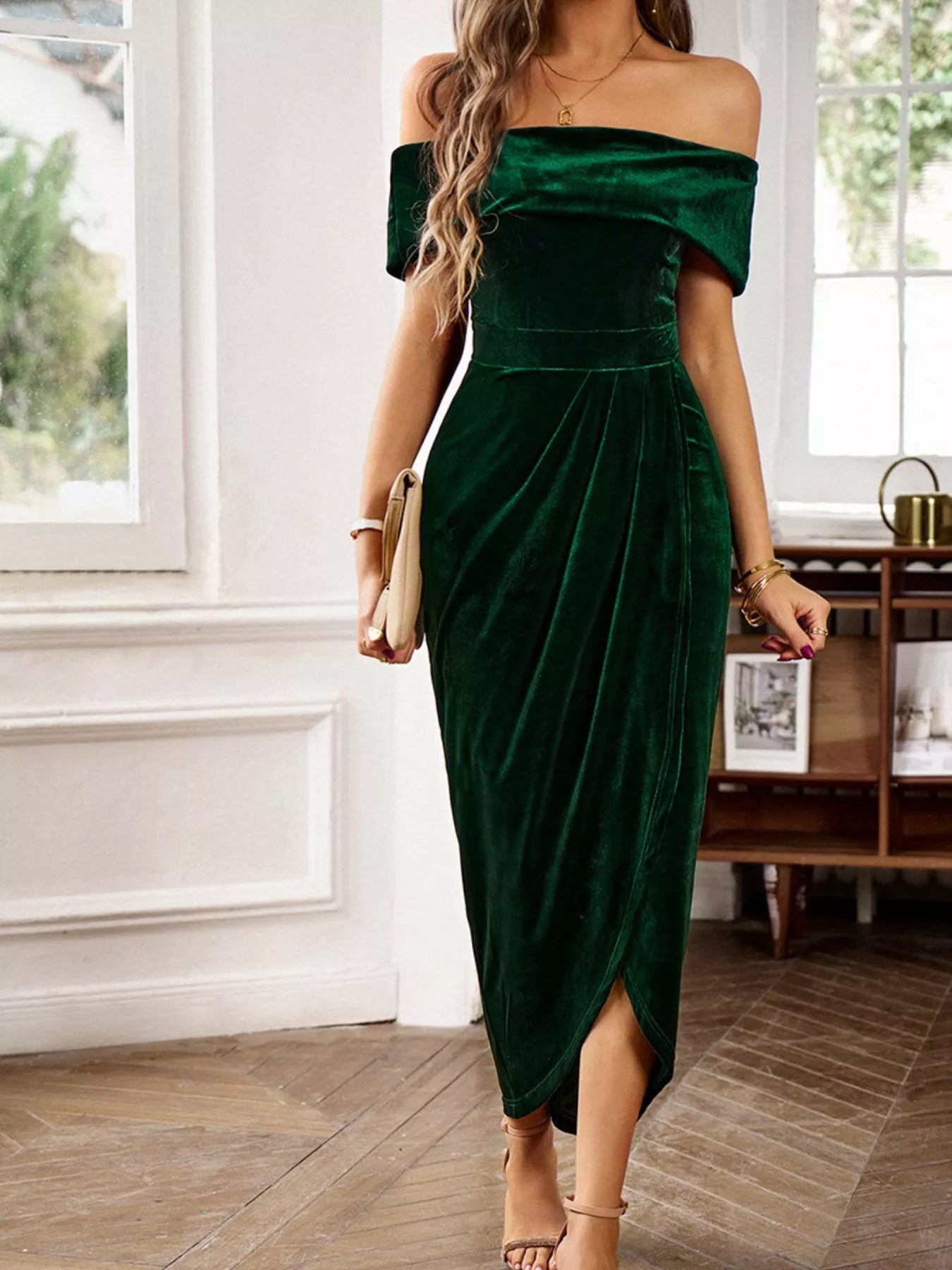 Velvet Off - Shoulder Ruched Midi Dress - StyleLure