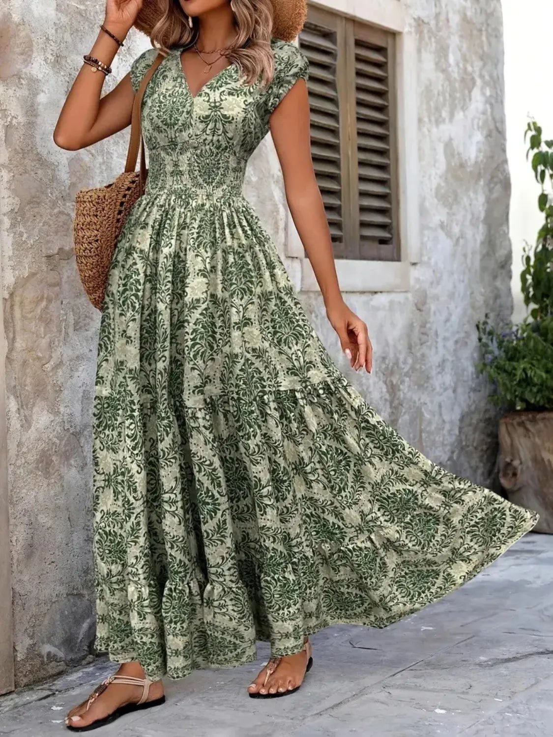 Vintage Floral Cap Sleeve Maxi Dress - StyleLure