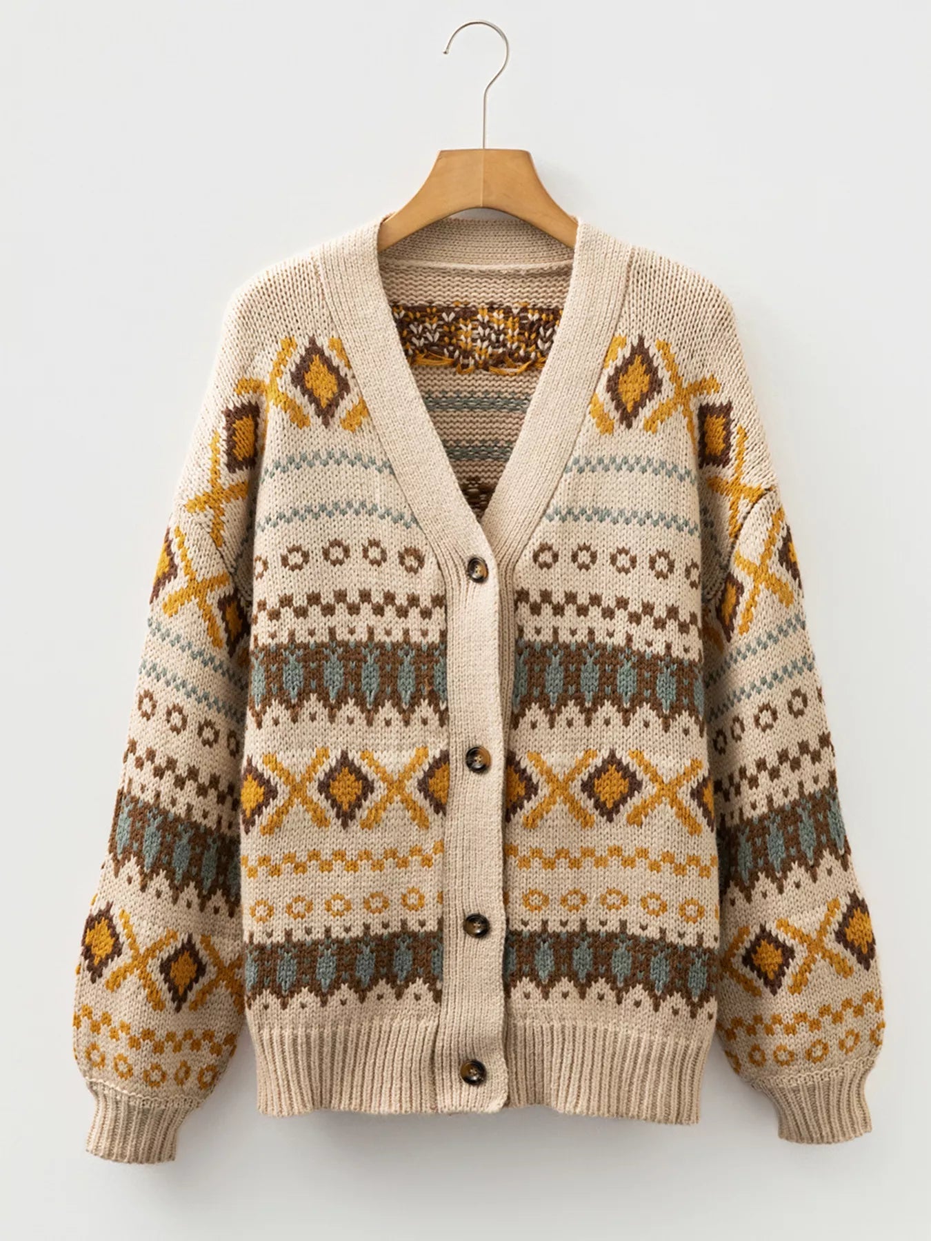 Western Pattern Knitted Button V Neck Cardigan Sweater - StyleLure