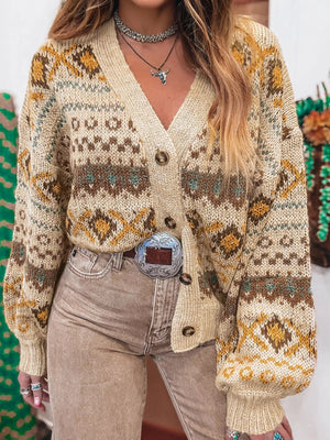 Western Pattern Knitted Button V Neck Cardigan Sweater - StyleLure