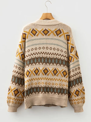 Western Pattern Knitted Button V Neck Cardigan Sweater - StyleLure