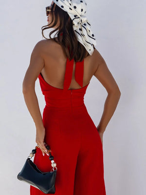 Wide Leg Cutout Halter Neck Jumpsuit - StyleLure