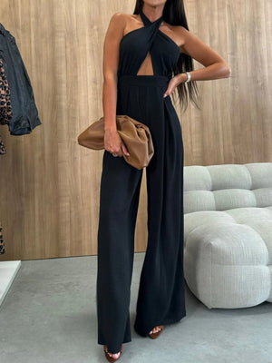 Wide Leg Cutout Halter Neck Jumpsuit - StyleLure