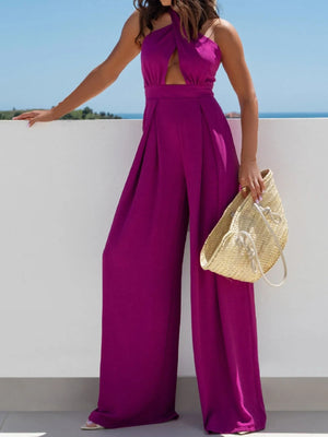 Wide Leg Cutout Halter Neck Jumpsuit - StyleLure