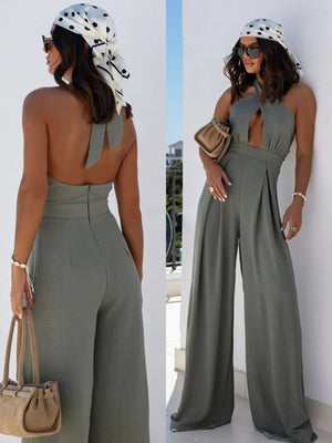 Wide Leg Cutout Halter Neck Jumpsuit - StyleLure