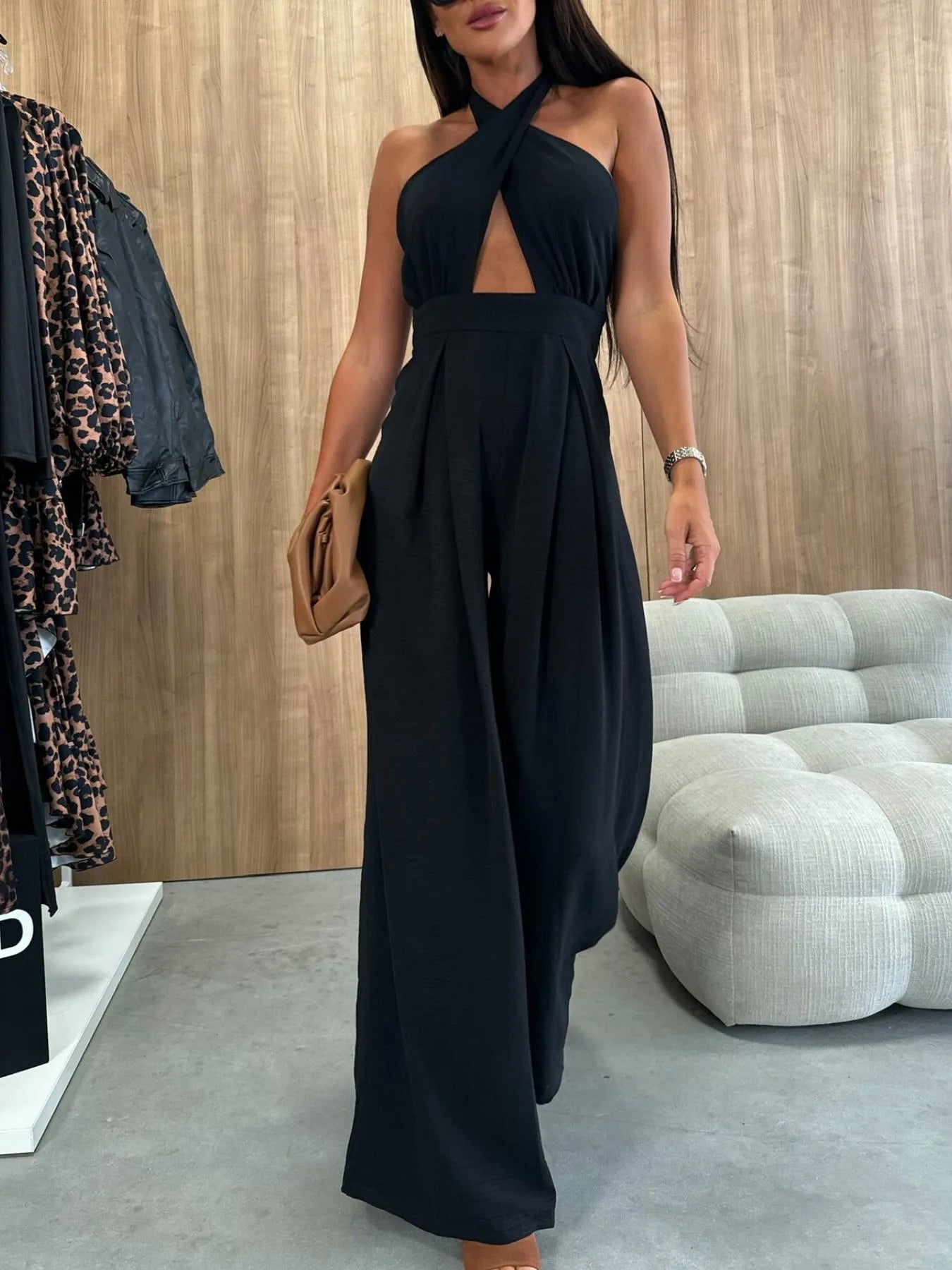 Wide Leg Cutout Halter Neck Jumpsuit - StyleLure