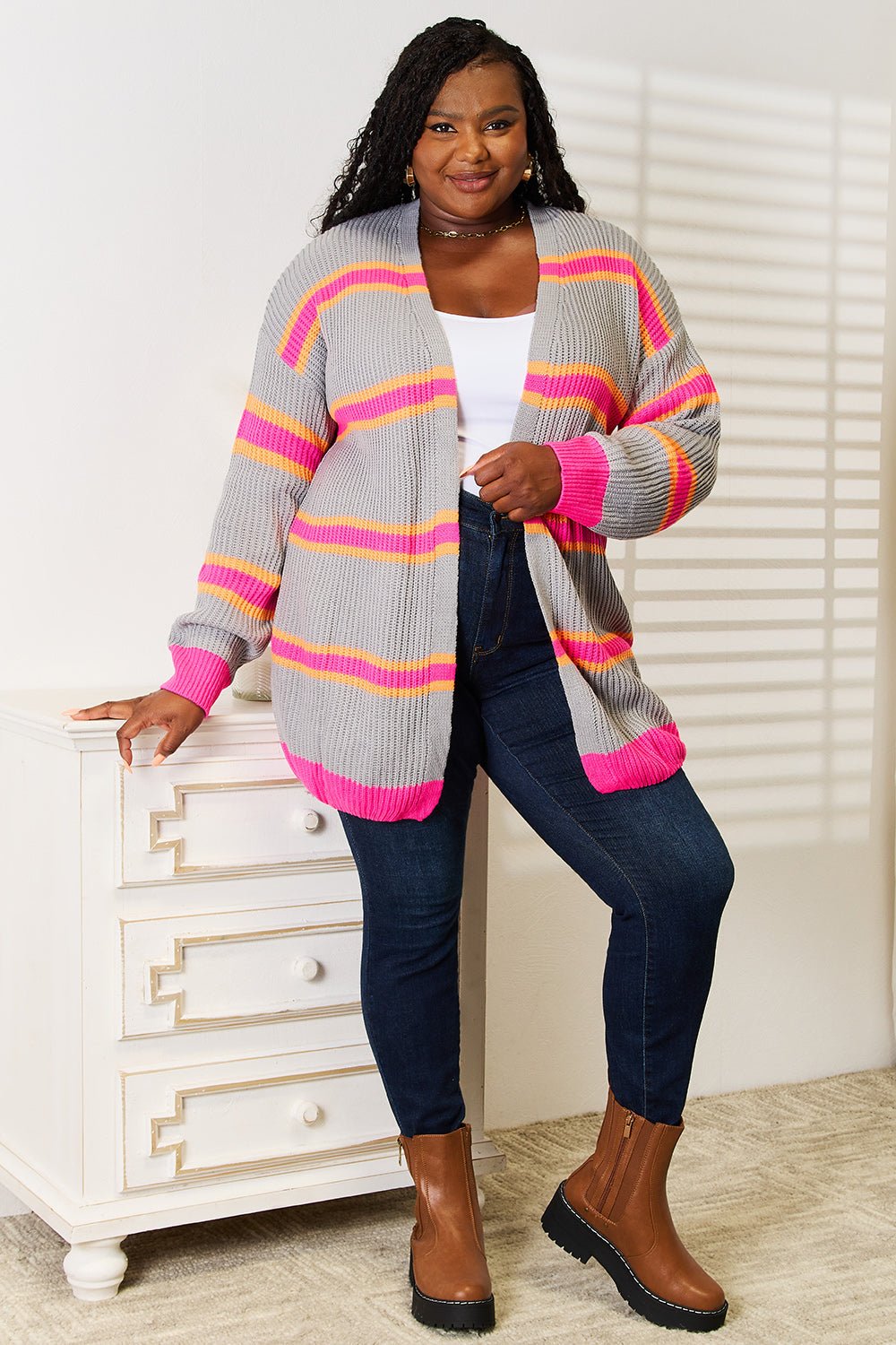 Woven Right Ribbed Long Sleeve Cardigan - StyleLure