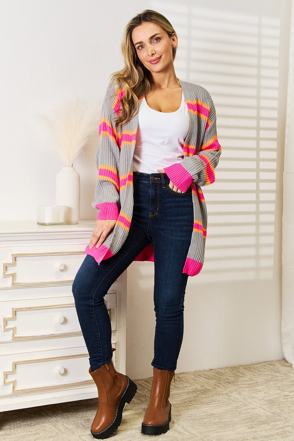 Woven Right Ribbed Long Sleeve Cardigan - StyleLure